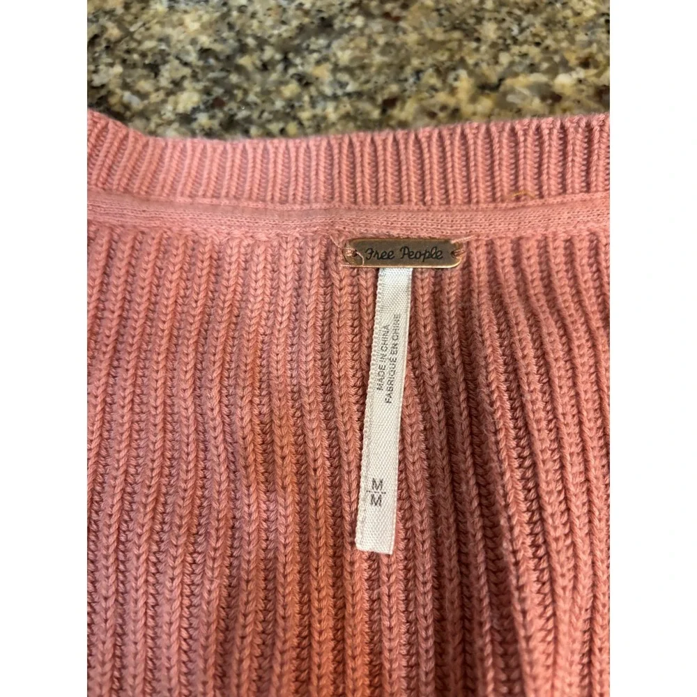 Free People Ribbed‎ V-Neck Cotton Blend Sweater Dusty Rose Pink Medium Cropped